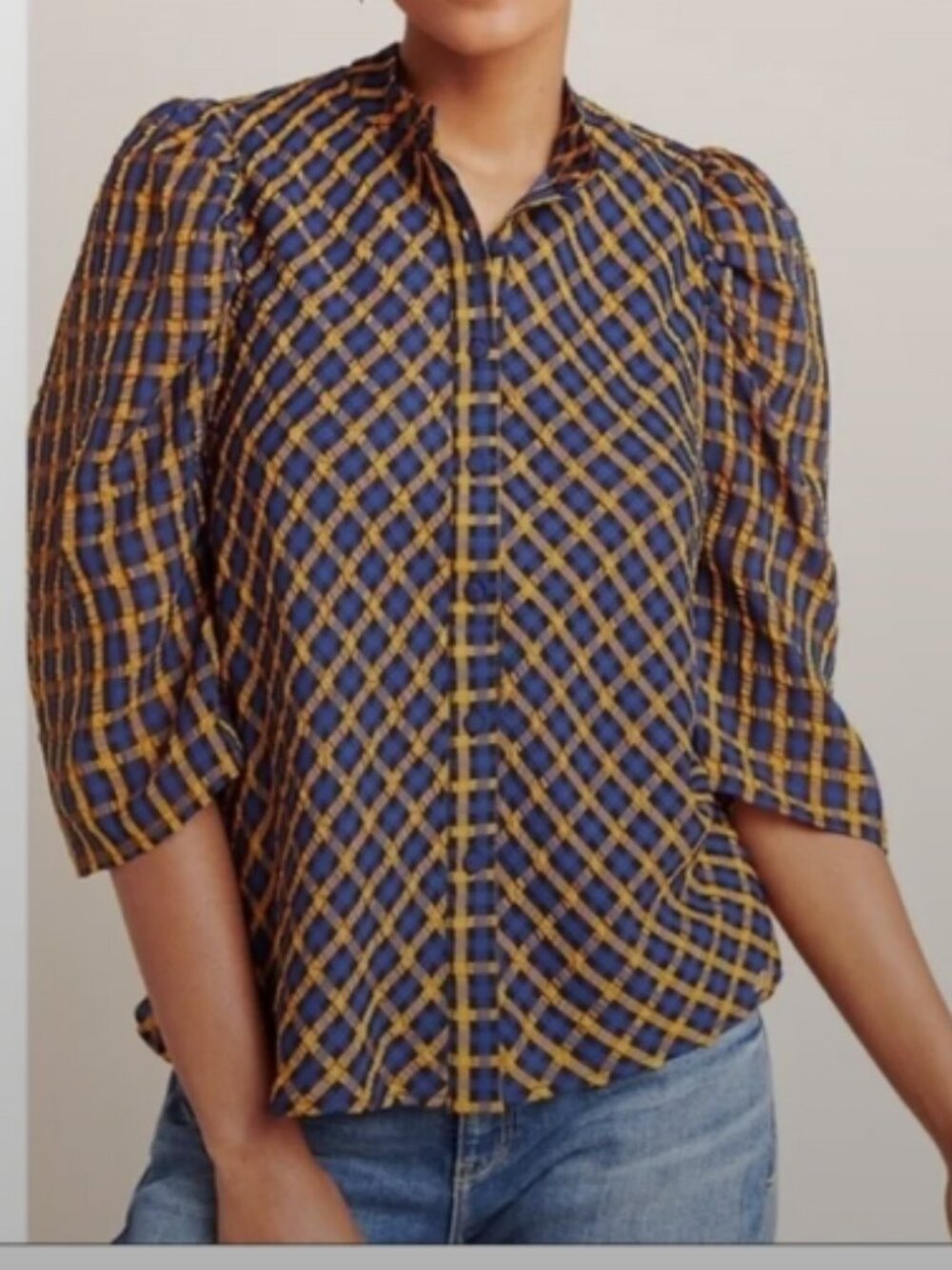 Anthropologie EVA FRANCO Plaid Textured Button up Blouse Puff Sleeve Size 6